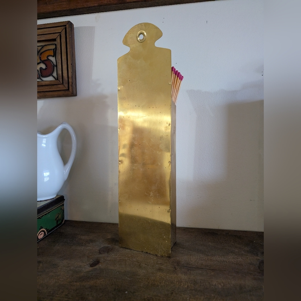 Vintage Large All Brass Gold Matchstick Holder Wall Hang By Fireplace Matches - Picture 4 of 7